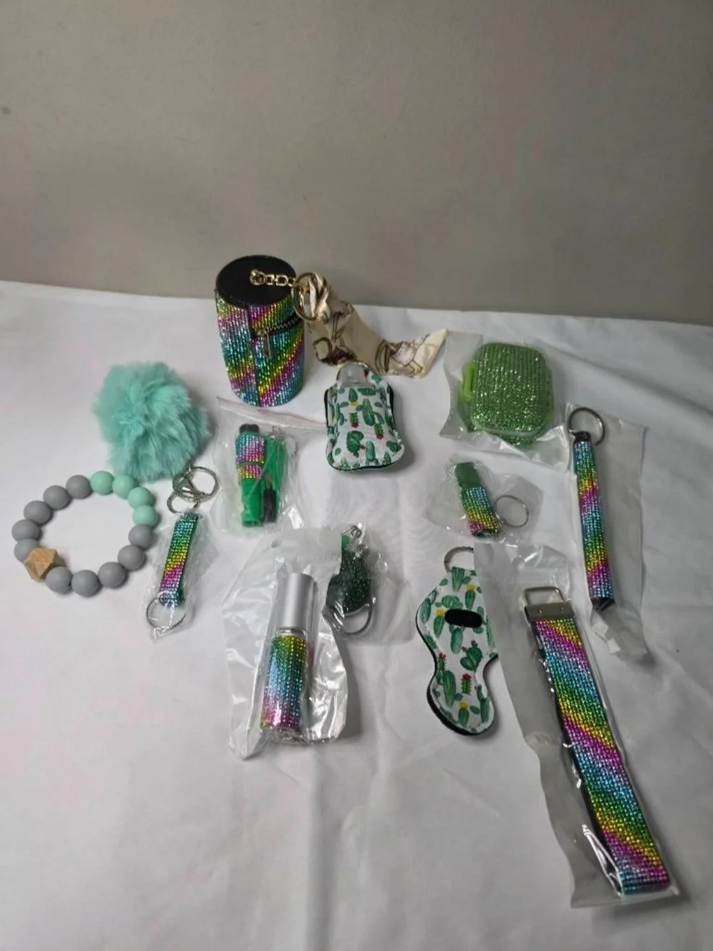 Kids Multicolor Rainbow Beaded Keychain and Accessories Set - Green Accent